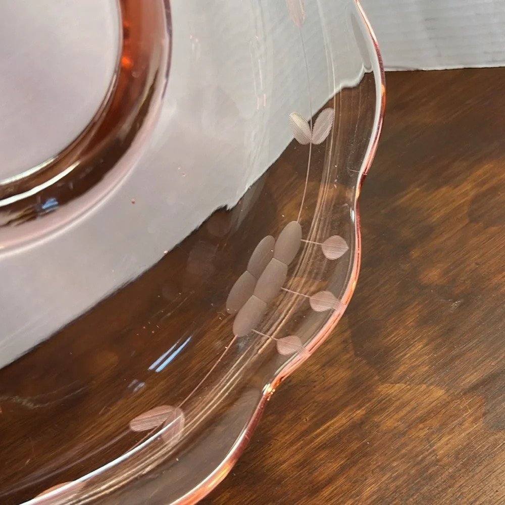 Vintage Cambridge Pink Depression Glass Console Bowl Acid Etched Floral 10.5”